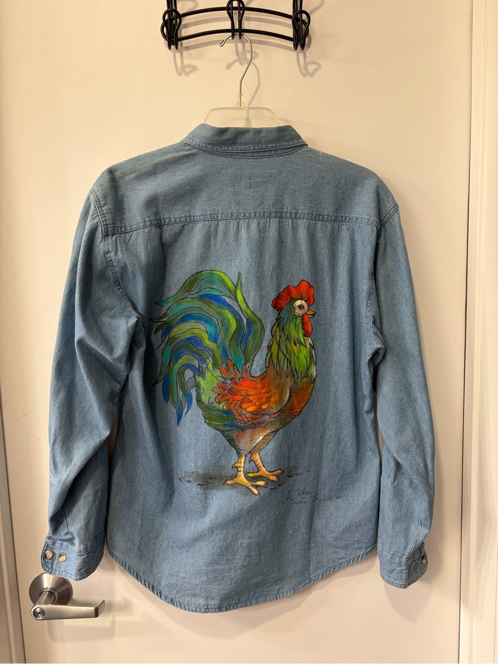 Hand-Painted Rooster Denim pullover with buttons— Multicolor